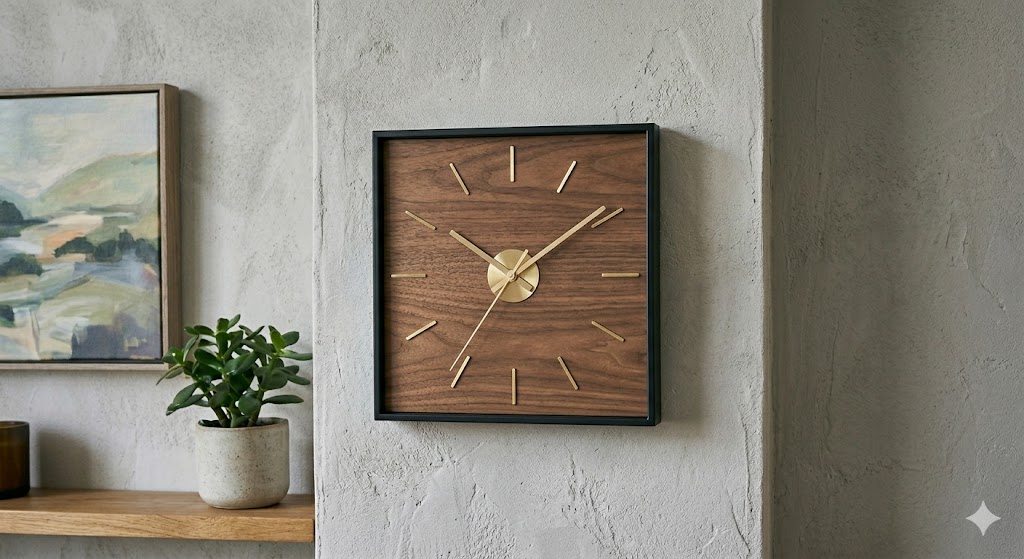 Mid-Century Modern Square Walnut Wall Clock